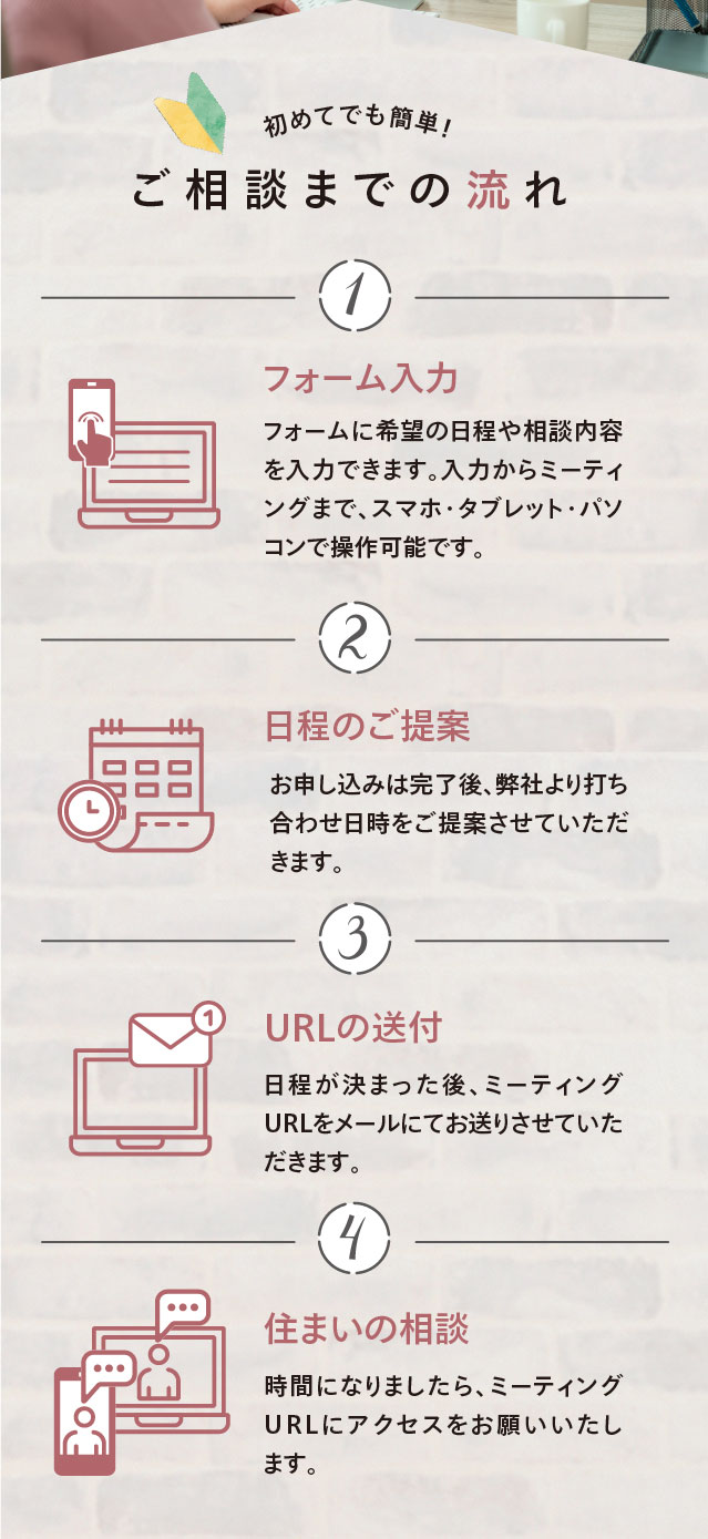 初めてでも簡単！ ご相談までの流れ 1.フォーム入力 フォームに希望の日程や相談内容を入力できます。入力からミーティングまで、スマホ・タブレット・パソコンで操作可能です。 2.日程のご提案 お申し込みは完了後、弊社より打ち合わせ日時をご提案させていただきます。3.URLの送付 日程が決まった後、ミーティングURLをメールにてお送りさせていただきます。 4.住まいの相談 時間になりましたら、ミーティングURLにアクセスをお願いいたします。